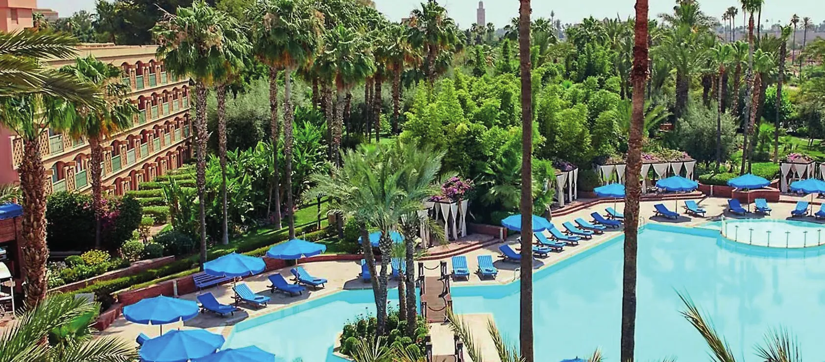 The hotel's gardens and pool seen from above