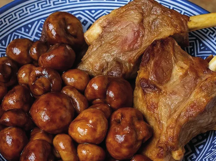 Slow-cooked lamb with mushrooms